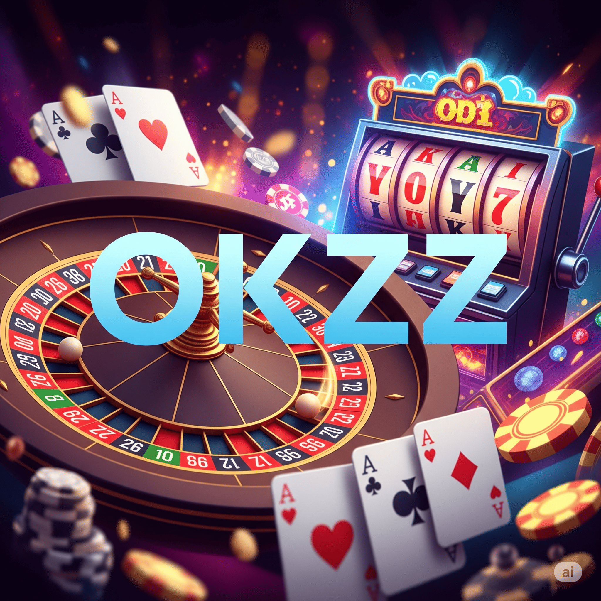 Dynamic montage of OKZZ gameplay including slots, live dealers, and sports betting